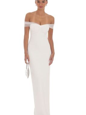 Lucy in the Sky Strapless White Off-Shoulder Evening Gown